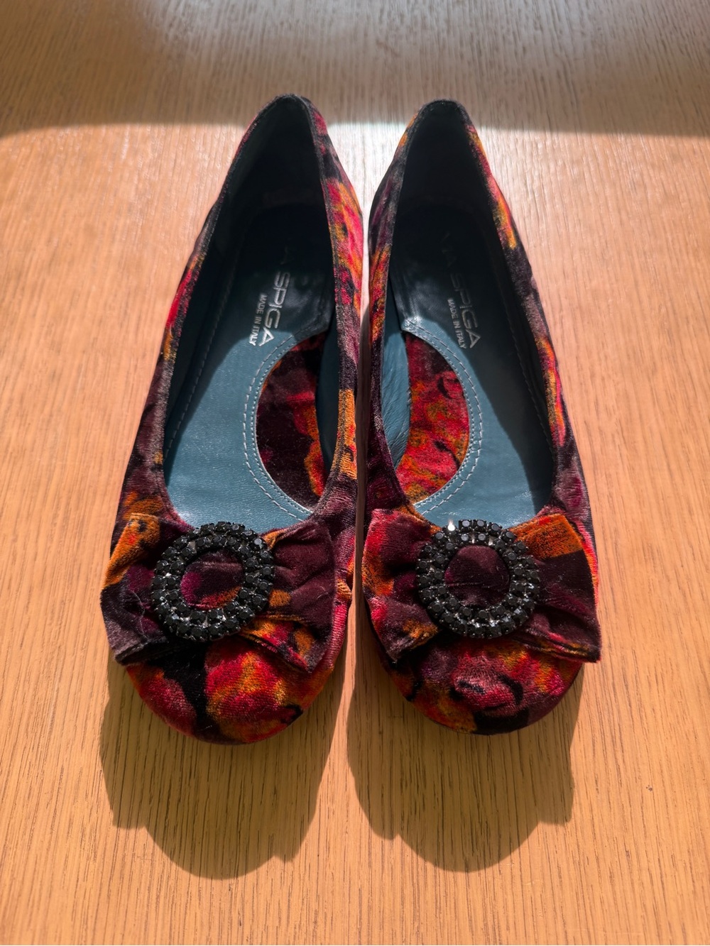 Via Spiga Velvet Floral Ballet Flats in Burgundy and Orange